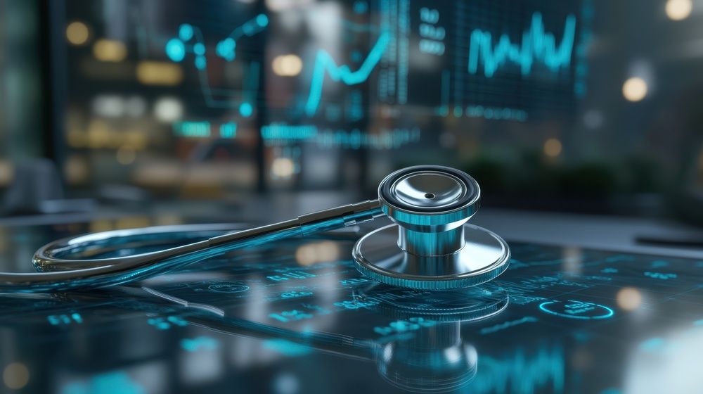 Stethoscope resting on printed medical data charts